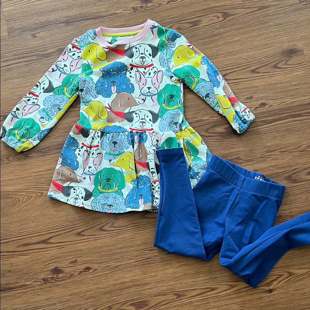 Mini Boden Multi-Color Dog Print Long Sleeve Dress with Pink Trim